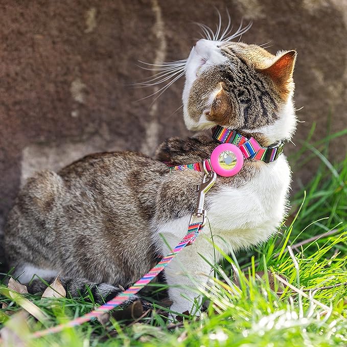 Cat Harness and Leash Escape Proof for Walking Travel Outdoor - Soft Nylon Adjustable Cute Cat Harness Leash Set with Airtag Holder for Small Medium Large Cats