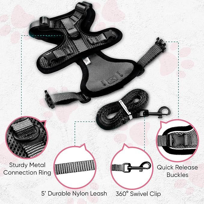 MeWO Kitten Leash and Harness Set - Escape Proof, Reflective, Adjustable for a Safe & Snug Fit - Small Cat Harness and Leash Set Cat Leashes and Harnesses for Walking Outdoors Kitten Harness and Leash