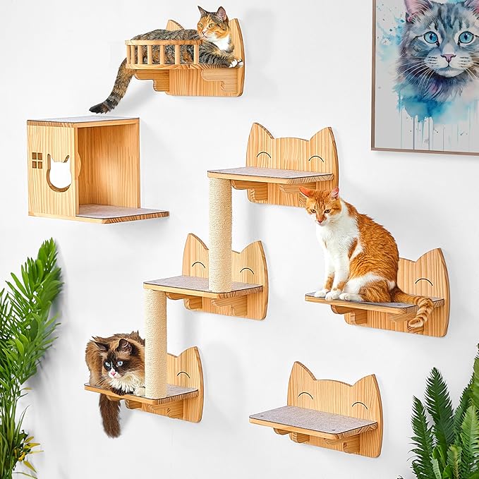 IDAE Cat Wall Shelves Set of 9, Cat Wall Furniture for Large Cats - Modern Cat Shelves and Perches, Wall Mounted Cat Climber with House, Steps, Scratcher - Natural Wood Climbing Shelf for Indoor Cats