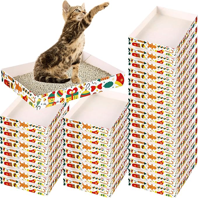 30 Pack Christmas Cat Disposable Cat Litter Box, Foldable Paper Litter Box,Non Clumping Durable and Waterproof,Low Entry Easy Disposal,Portable,Cat (13.6x9.7x1.9 in)