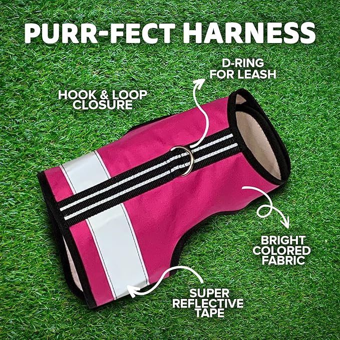 Reflective Cat Harness - High-Visibility Cat Vest for Day & Night | Secure, Breathable and Washable Cotton | Ideal for Walking & Traveling - Flamingo Pink, M to L