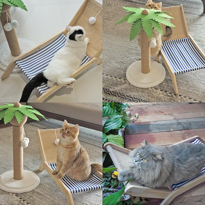 Beach Chair Cat Hammock, Cat Furniture, Original Cozy Cat Lounger with Sisal Scratcher and Toy Ball, Elevated Cat Beds for Indoor Cats (Red)