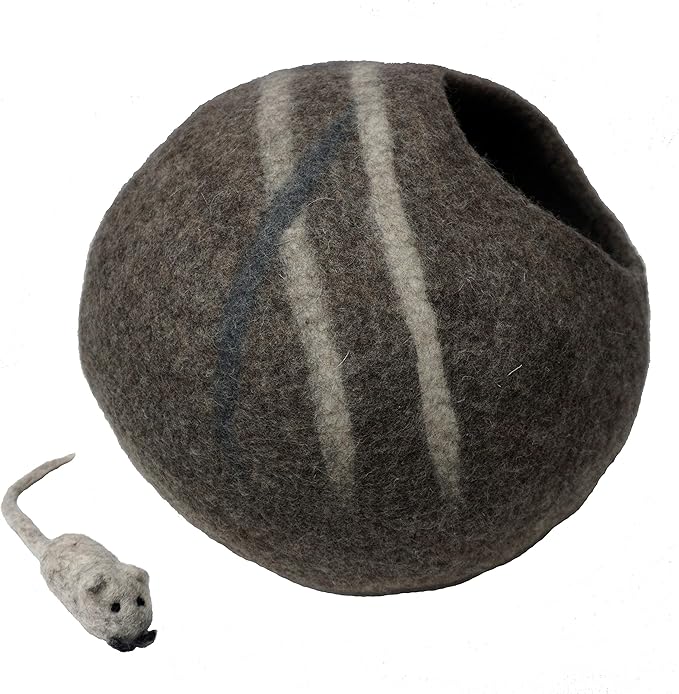 100% Wool Felt Cat Cave Bed Handmade in Nepal with Free Mouse Toy Included (Gray Stripe)