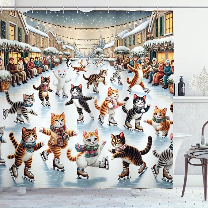Ambesonne Cat Shower Curtain, Funny and Cheery Kitties Ice Skating Winter Happiness Funny Cartoon Xmas, Cloth Fabric Bathroom Decor Set with Hooks, 69" W x 75" L, Orange Brown Pale Blue