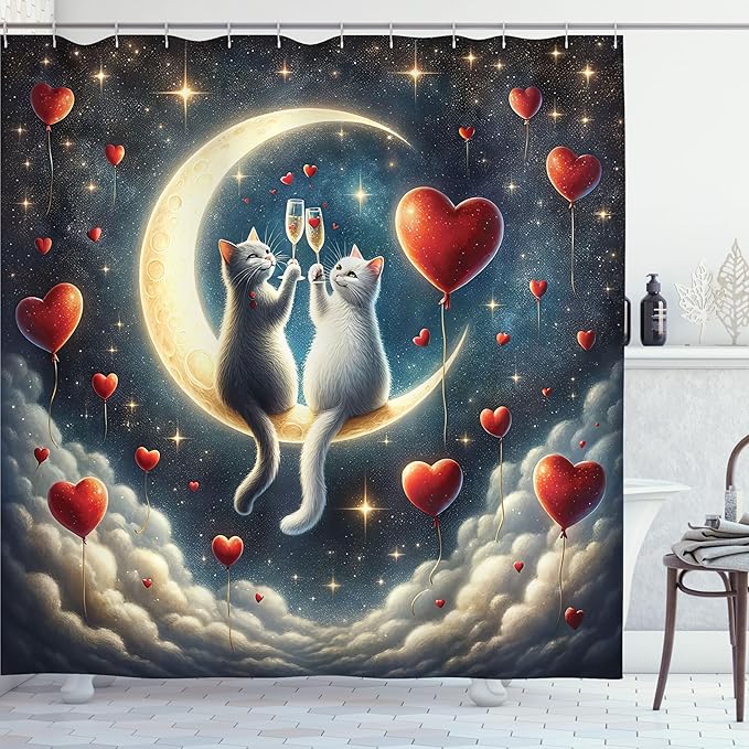 Ambesonne Cat Shower Curtain, Toasting Champagne Kitties Romantic Date Crescent Clouds Heart Balloons, Cloth Fabric Bathroom Decor Set with Hooks, 69" W x 70" L, Dark Night Blue Vermilion
