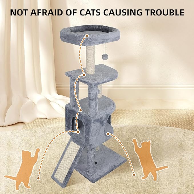 45in Cat Tree Tower with Big Cat Condo for Indoor Cats,Cat Tower Activity Center Cat Furniture with Scratching Post and Hanging Bed,Grey
