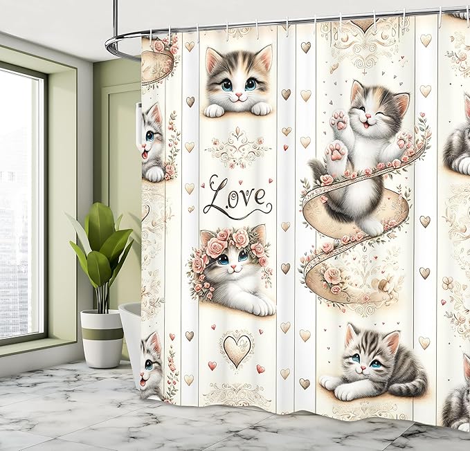 Ambesonne Cat Shower Curtain, Vintage Themed Pattern with Smiling Blue Eyed Kittens Love Hearts Nostalgia, Cloth Fabric Bathroom Decor Set with Hooks, 69" W x 70" L, Ivory Pale Brown Grey