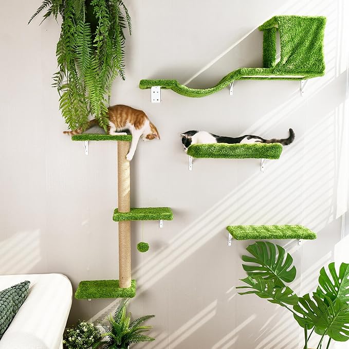 FUKUMARU Cat Wall Shelves, Stable & Safe 4 in 1 Large Cat Wall Furniture Set, Wooden Cat Climbing Wall with Scratching Post, Cat Bridge and Cat Bed, Stylish Cat Jungle Gym for 16 Inch Drywall - Green