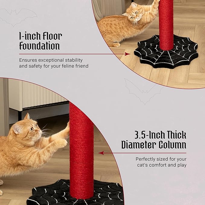Gothic Cat Scratching Post, 34 inch with Sturdy Spider Web Floor Foundation and Bat Shaped Top with Spider Toy, Halloween Cat Scratcher, Cat Scratchers for Indoor Cats, Black and Red from Littlesy