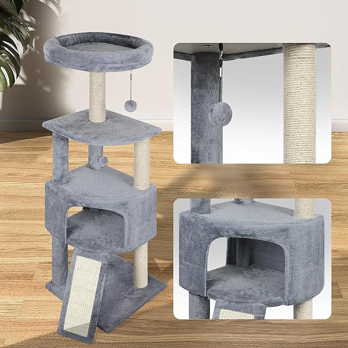 45in Cat Tree Tower with Big Cat Condo for Indoor Cats,Cat Tower Activity Center Cat Furniture with Scratching Post and Hanging Bed,Grey