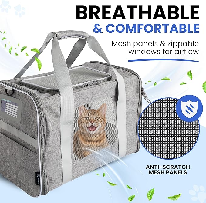 Airline-Approved Cat Carrier with Litter Box, 17x11x12” Soft Travel Litterbox up to 18 lbs Cats, Large Portable Carrier for Long Car Trips, Comes with Litter Scoop, Water Bowl, Pet ID & Cat Toy