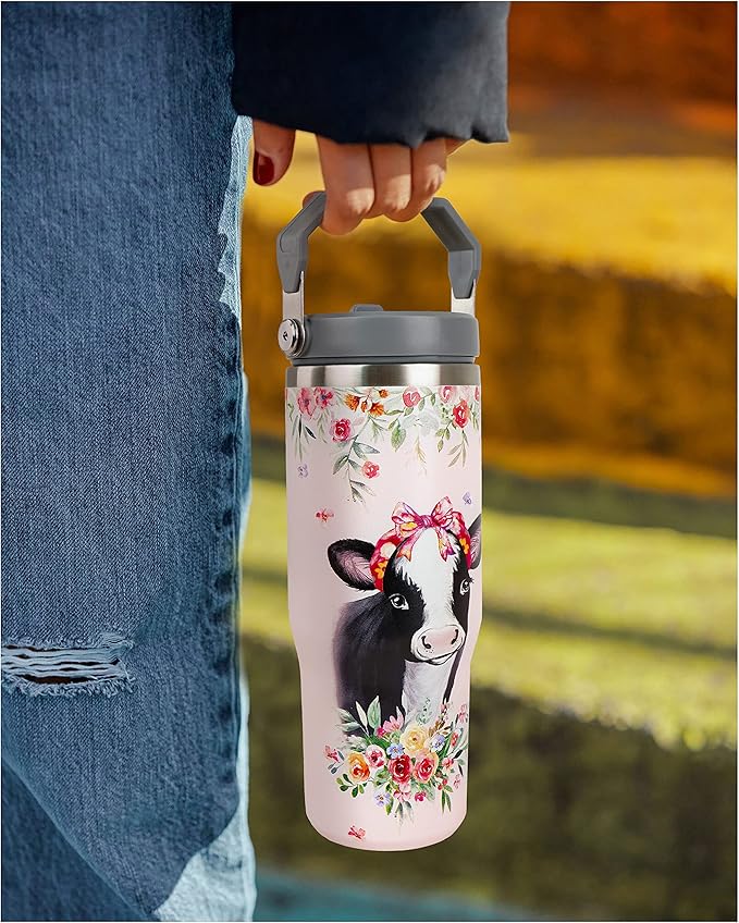 30oz Cow Print Tumbler with Handle and Straw， Just A Girl Who Loves Cows， Cow and Flower Coffee Cup， Stainless Steel Vacuum Insulated Tumbler, Cow Stuff Accessories Decor, Cow Gifts for Women