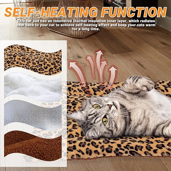 FLYSTAR Cat Bed Mat for Indoor Cats - Self Warming Leopard Cute Cat Bed Mat, Soft Warm Washable Self Heating Cat Bed Pad for Small, Medium, Large Cats & Puppies(15.7"*19.7")