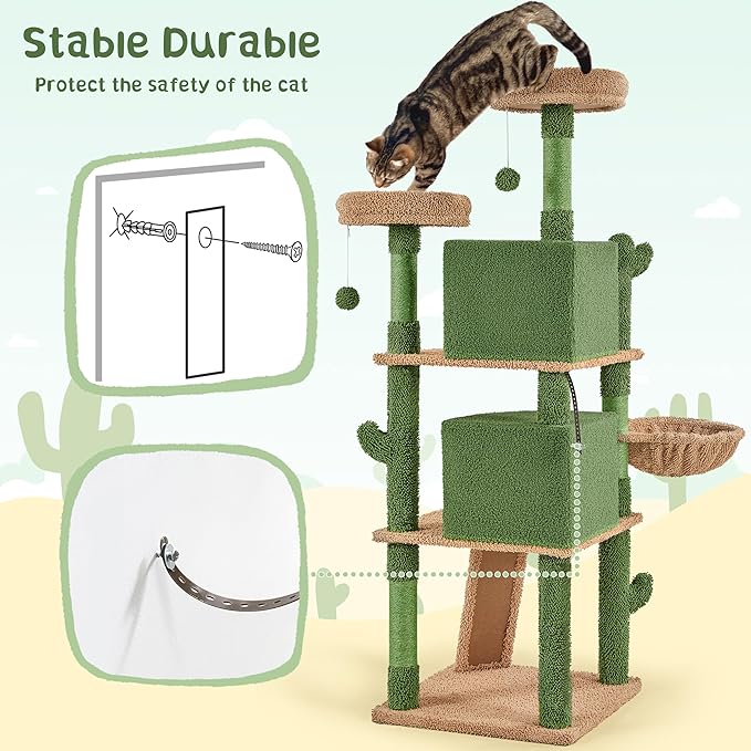 Yaheetech Cactus Cat Tree, 66in Cat Tower for Indoor Cats, Multi-Level Cat Tree with Large Condos & Ramp, Pet Play House with Padded Perch, Platforms, Basket & Hanging Ball, Green/Brown