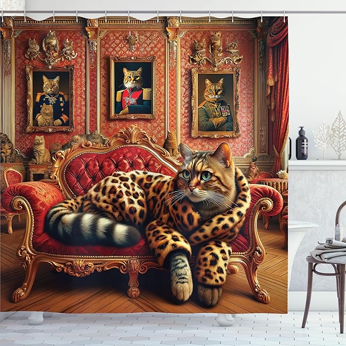 Ambesonne Cat Shower Curtain, Royal Kitty in Leopard Coat Laying on Lounge Sofa Whimsical Humorous Animal Art, Cloth Fabric Bathroom Decor Set with Hooks, 69" W x 70" L, Marigold Salmon