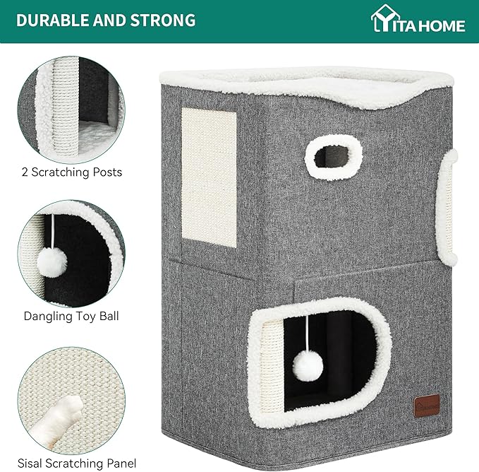 YIATHOME 2 Storey Cat House, Cat Beds for Indoor Cats, Small Cat Condo with Scratch Post and Hideaway Cave, Modern Cat Cube Playhouse for Multi Kittens, Classic Style, Grey