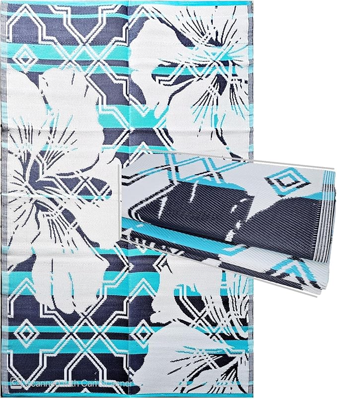 BalajeesUSA Outdoor Decor Patio Rugs – 6x9, Aqua Blue Waterproof Affordable Multipurpose Woven Plastic Straw All-Weather Waterproof Rug Reversible Camper mat Awning 7100