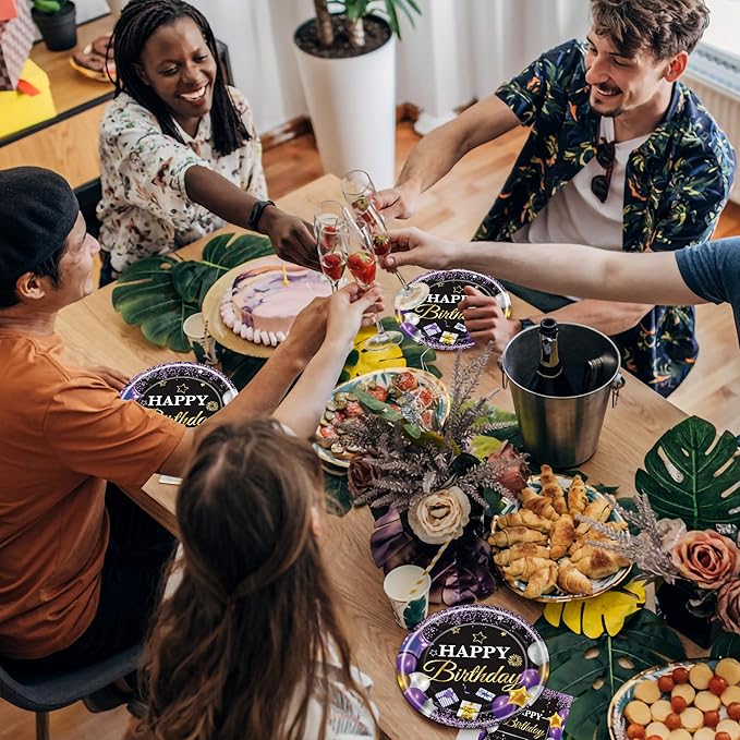 96 Pcs Purple Party Plates and Napkins Decorations Tableware Set Supplies Disposable Paper Dessert Birthday Table Dinnerware Favors Set, Serves 24 Guests