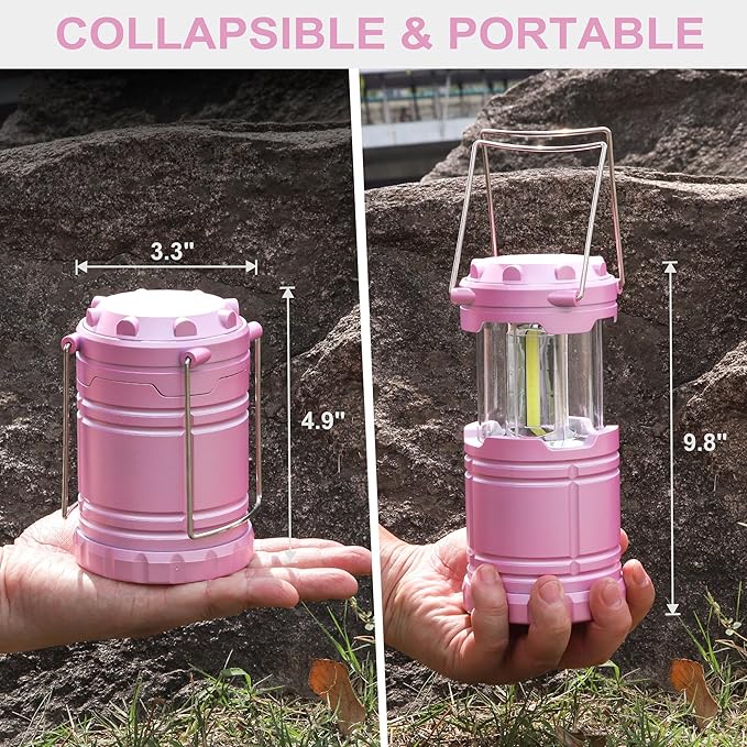 4-Pack LED Pink Camping Lanterns, Portable Camping Lights, Outdoor Handled Lamps, Essential Emergency Lights for Power Outages, Hiking, Hurricane
