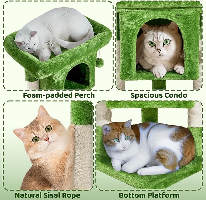 Yaheetech 23.5in Cat Tree, Cute Cat Tower for Indoor Cats with Wide Top Perch, Warm Condo, Sisal Scratching Posts for Large Cats, Green