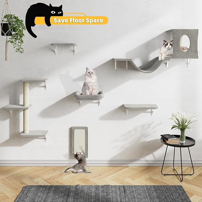 Wall Mounted Cat Furniture, 6pc Cat Wall Furniture, Cat Climber with Cat House, Bridge, Tree, Steps, and Scratcher, DIY Cat Walls Playground, Cat Shelves for Indoor Wall Furniture Set - Grey