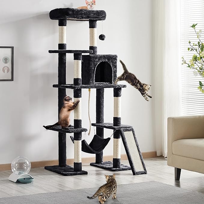 Yaheetech Cat Tree Cat Tower, 63in Multi-Level Cat Tree for Indoor Cats, Tall Cat Tree w/Sisal-Covered Scratching Posts & Condo, Cat Furniture Activity Center for Cats Kitten, Black, L
