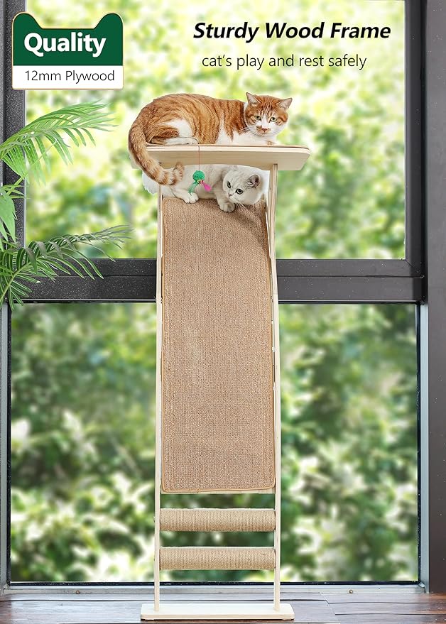 Cat Window Perch with Scratcher Ramp, 48" Climbing Tree Suctions Cups to Window Maximum Hold Up to 45lb, Wood Window Shelf for Small Medium Indoor Cats