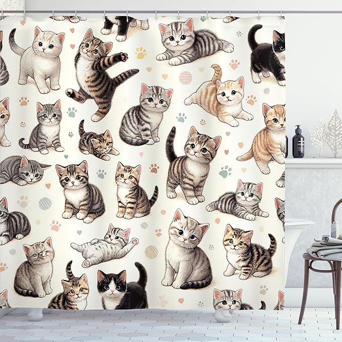 Ambesonne Cat Shower Curtain, Pattern of Little Kittens Playful Poses Joyous Concept Pastel Paw Prints, Cloth Fabric Bathroom Decor Set with Hooks, 69" W x 70" L, Off White Taupe and Grey