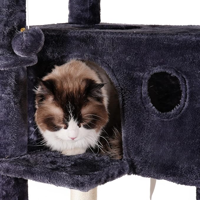 Heybly Cat Tree, Cat Tower for Indoor Cats,Multi-Level Cat Furniture Condo for Large Cats with 2 Padded Plush Perch, Cozy Basket and Scratching Posts HCT023G