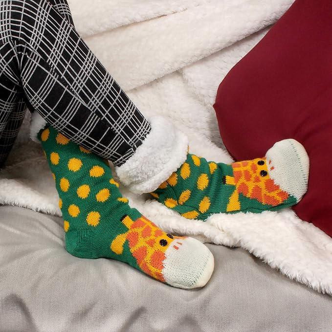 BambooMN Extra Thick Cozy Fuzzy Animal Thermal Cabin Plush Fleece-lined Knitted Crew Socks