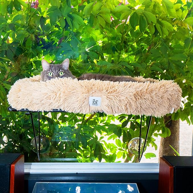 HIPCAT Cat Window Perch with Free Cat Toy - Cat Bed - Comfy Cat Hammock - Cat Shelf - Extra Strong Suction with Cordless Sturdy Metal Frame - Holds Medium & Large Cats - (Beige)