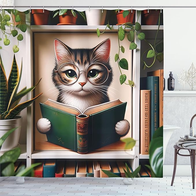 Ambesonne Cat Shower Curtain, Bookworm Kitty Reading Between Shelves Weeping Plants Botanical Cozy Concept, Cloth Fabric Bathroom Decor Set with Hooks, 69" W x 84" L, Green Paprika Beige