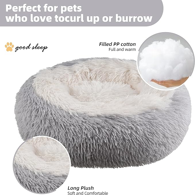 Something Different Calming Dog & Cat Bed, Anti-Anxiety Donut Cuddler Warming Cozy Soft Round Bed, Fluffy Faux Fur Plush Cushion Bed for Small Medium Dogs and Cats,24”,Grey