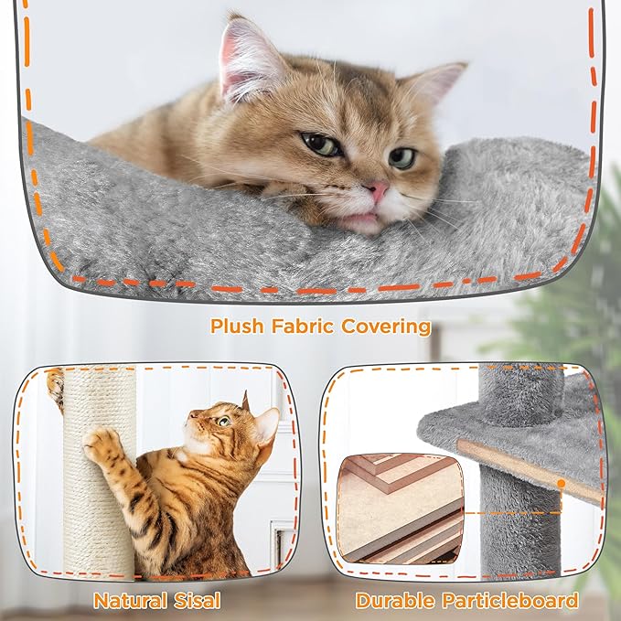 Yaheetech Tall Cat Tree, 80in Multi-Level Cat Tower with Cat Scratching Posts, Double Cat Caves, Perched Platforms and Dangling Balls, Cat Stand House for Kittens Pet, Light Gray