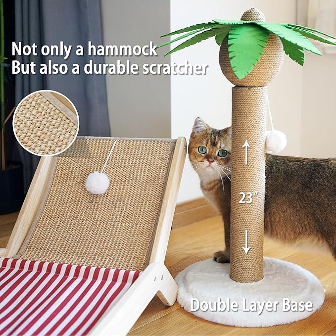 PETKARAY Cat Hammock with Coconut Palm Tree Scratching Post, Cozy Beach Chair Elevated Cat Beds, Original Cat Lounger for Indoor Cats