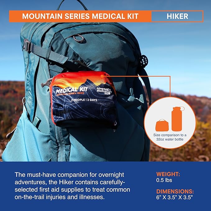Adventure Medical Kits Mountain Series Medical Kit - Hiker - Emergency Medical First Aid Kit - for 2 People for 2 Days - Comes with a Trauma Pad, Medicine, Guide Book & More - Sunset