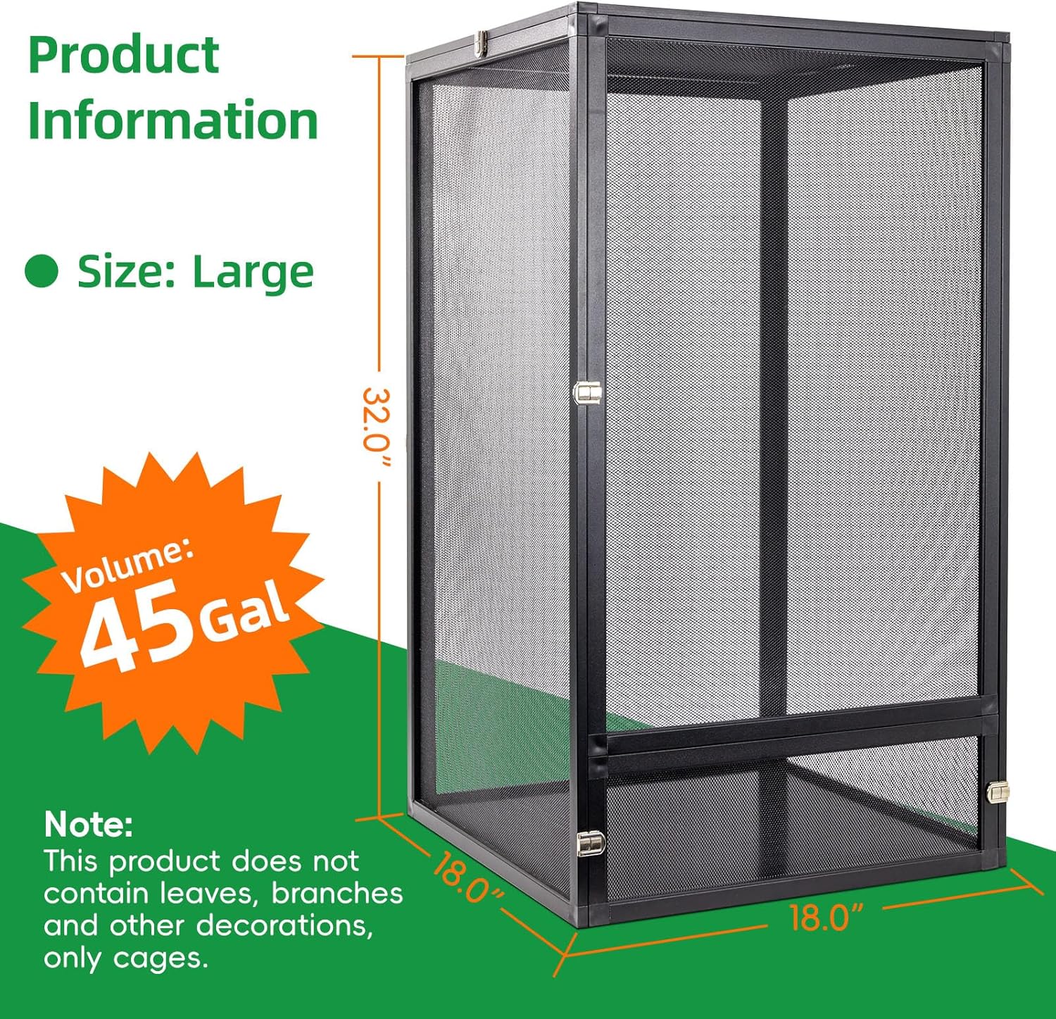45 Gal Detachable and Foldable Reptile Butterfly Cage Terrarium, 360° Observation, Airflow, Interaction in Gecko Tank for Crested Geckos, Leopard Geckos, Chameleons, Bearded Dragons