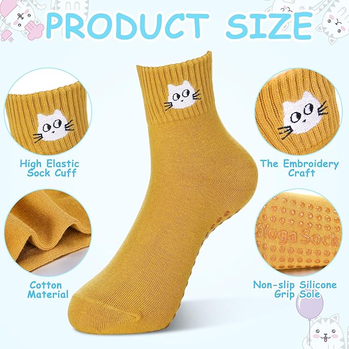 10 Pairs Grip Crew Yoga Socks for Women Non Slip Ankle Length Cotton Elastic Sock Cute Cat Embroidery Pattern Aesthetic Gifts for Women Pilates Dance Ballet Workout Sport