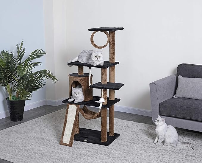 Go Pet Club Everyday Value 53in Cat Tree Kitty Tower Kitten Scratcher Condo House Furniture with Hammock and Tunnel Indoor Cat Activity Center, Brown/Black