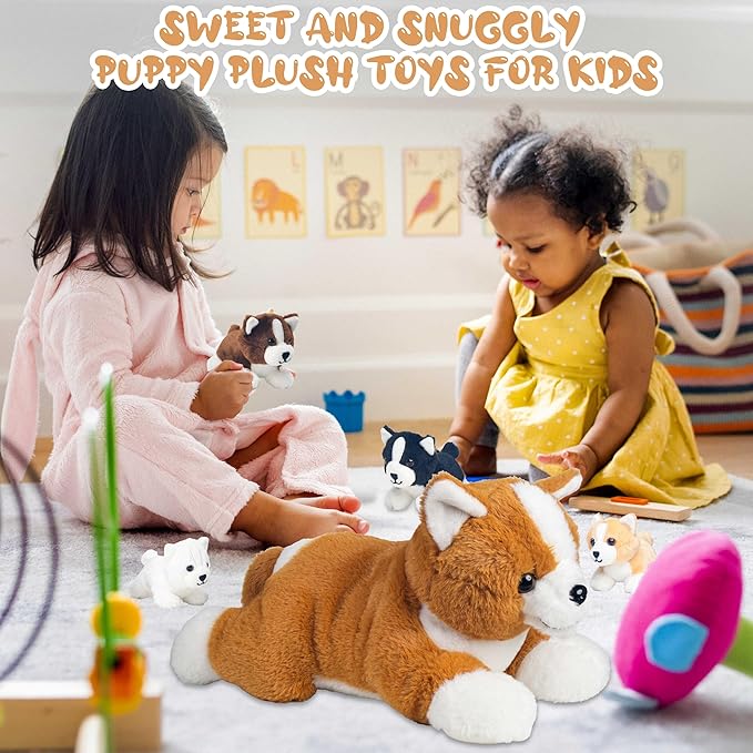 5 Pieces Dog Stuffed Animal, Corgi Stuffed Animal with Babies Inside - 1 Mommy Stuffed Dog Plush Toy with 4 Puppies, Puppy Stuffed Animals Surprise for Kids Boys Girls Easter Birthday Christmas Party