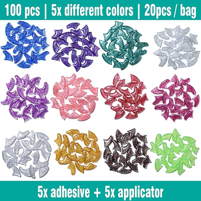 100 pcs Cat Nail Caps | Cat Claw Covers with Adhesives and Applicators | 5X Different Glitter Colors (XS)