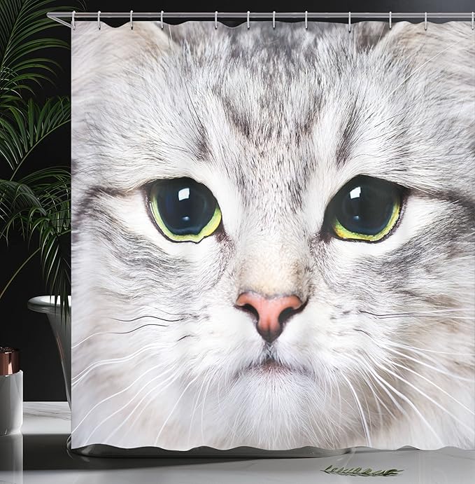 Ambesonne Animal Shower Curtain, Cat Print Kitten Kitty Face Look Closeup Portrait Digital Photography Domestic Pet, Cloth Fabric Bathroom Decor Set with Hooks, 69" W x 75" L, Off White Avacado Green
