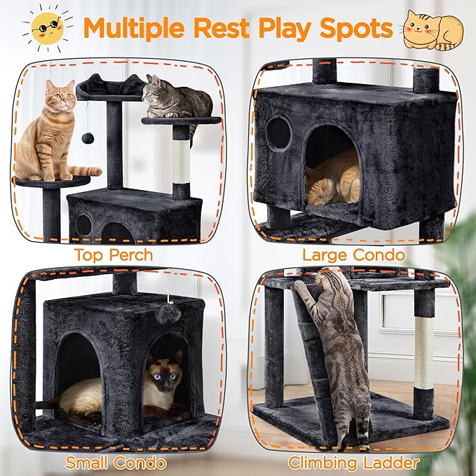 Yaheetech Larget Cat Tree, 80in Multi-Level Cat Tower with Cat Scratching Posts, Double Cat Condo, Perched Platforms and Dangling Balls, Cat Activity Center for Kittens Pet, Black