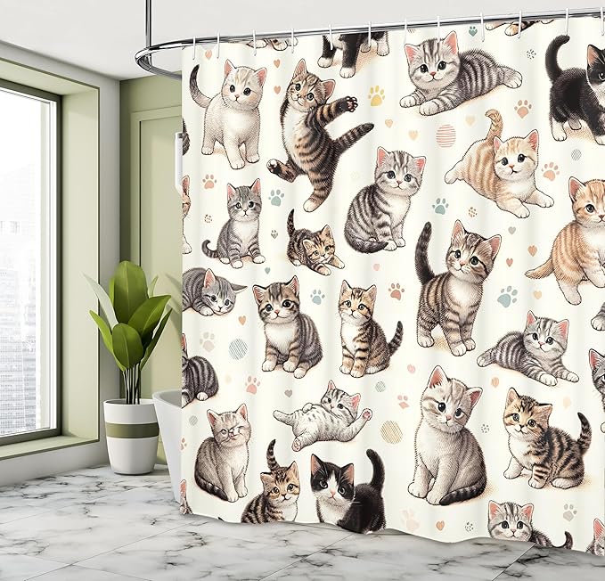 Ambesonne Cat Shower Curtain, Pattern of Little Kittens Playful Poses Joyous Concept Pastel Paw Prints, Cloth Fabric Bathroom Decor Set with Hooks, 69" W x 75" L, Off White Taupe and Grey