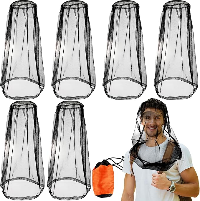 6 Pack Mosquito Head Net Bug Wearable Head Net Mesh with Carry Bags to Prevent Mosquito Fly Insects Bugs for Outdoor Hiking Camping Climbing