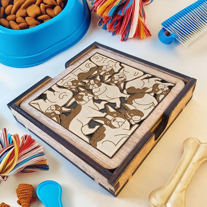 02 Boston Terrier Dog Coaster - Boston Terrier Dog Puzzle Wooden Coaster Set - Interlocking Jigsaw Drink Mats with Laser-Cut Design for Boston Terrier Lovers