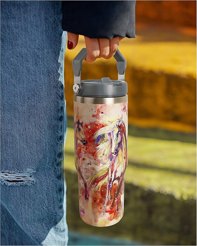 30oz Horse Tumbler with Handle and Straw, Stainless Steel Vacuum Insulated Coffee Tumbler, Travel Mug Water Bottle, Horse Stuff Accessories Decor, Horse Gifts for Women & Girls