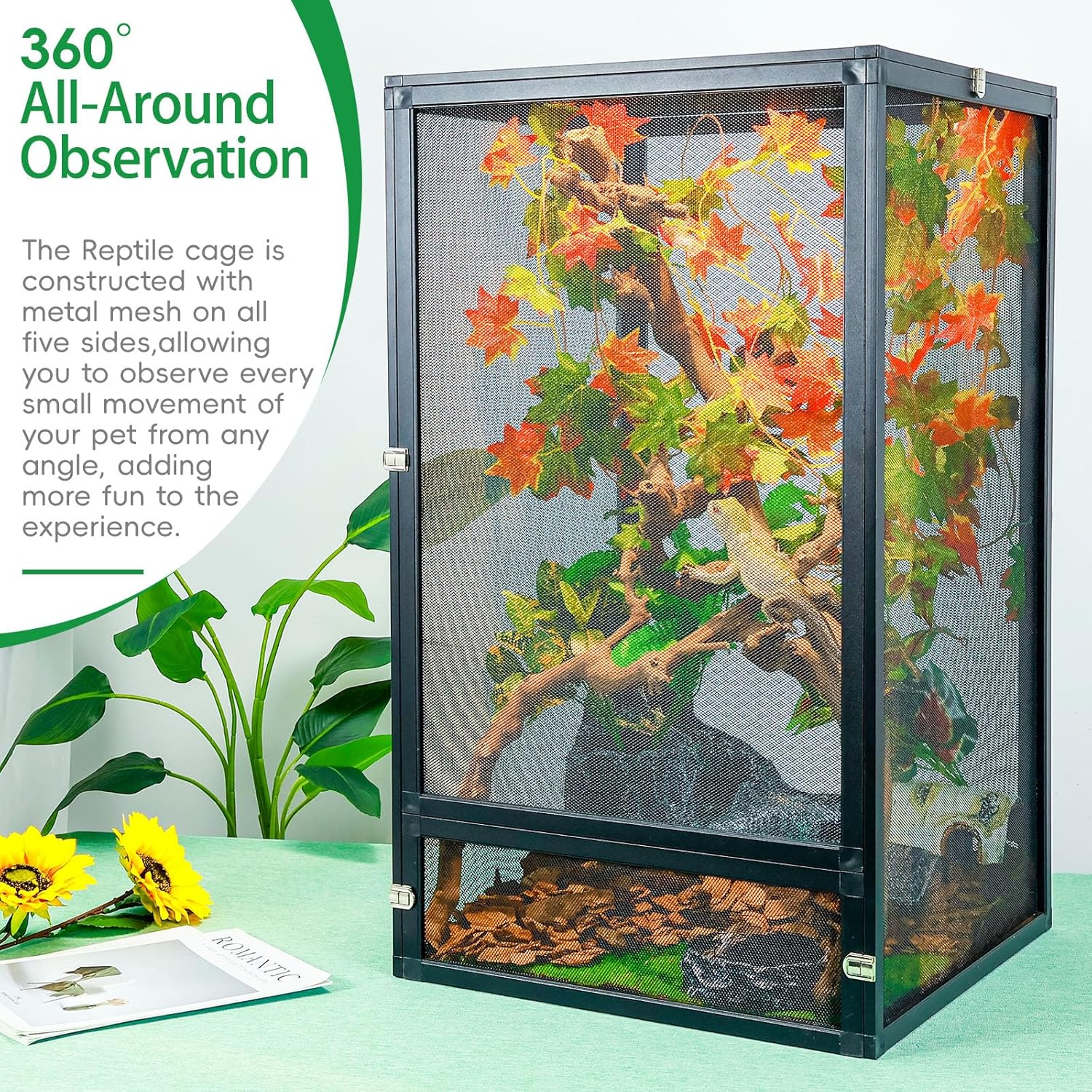 45 Gal Detachable and Foldable Reptile Butterfly Cage Terrarium, 360° Observation, Airflow, Interaction in Gecko Tank for Crested Geckos, Leopard Geckos, Chameleons, Bearded Dragons