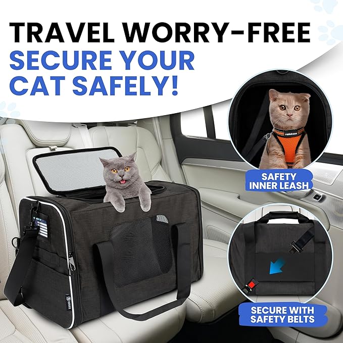 Airline-Approved Cat Carrier with Litter Box, 17x11x12” Soft Travel Litterbox up to 18 lbs Cats, Large Portable Carrier for Long Car Trips, Comes with Litter Scoop, Water Bowl, Pet ID & Cat Toy