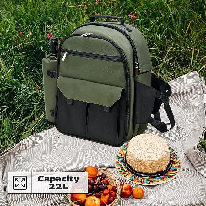 22L Insulated Picnic Basket Leak Proof Picnic Backpack for 2, Green Camping Gifts, Cool Bridal Shower Gifts for Bride and Groom, Mr and Mrs, Anniversary Engagement Wedding for Newly Engaged Couples